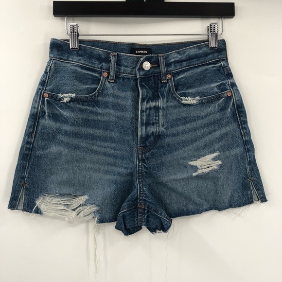 EXPRESS Mom Shorts Denim Jean Shorts Super High Rise Cut Off Distressed Ripped 0 - Picture 2 of 9